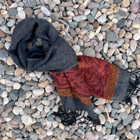 🐑 🇮🇪Unisex Charcoal/Red/Orange Woven Scarf Wool Blend Fringed Scarf 15”W x 63”L - Picture 5 of 17
